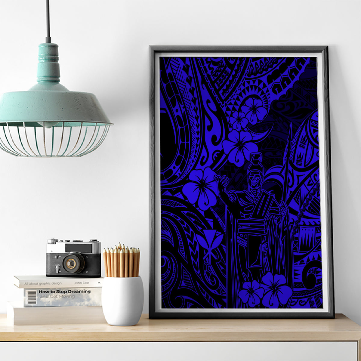 Hawaii King Kamehameha Canvas Wall Art Polynesian Pattern Navy Blue Version LT01 - Polynesian Pride