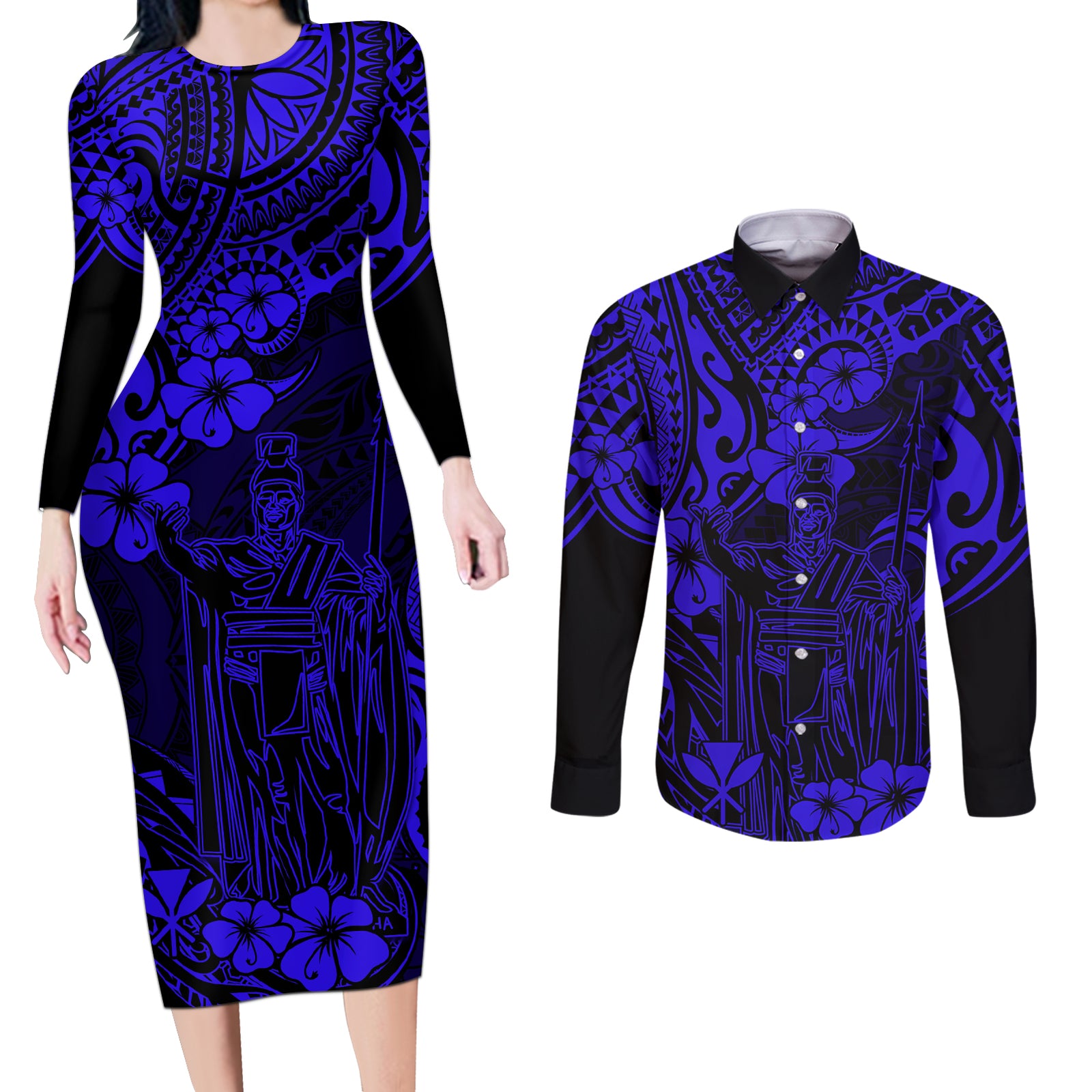 Hawaii King Kamehameha Couples Matching Long Sleeve Bodycon Dress and Long Sleeve Button Shirts Polynesian Pattern Navy Blue Version LT01 Blue - Polynesian Pride