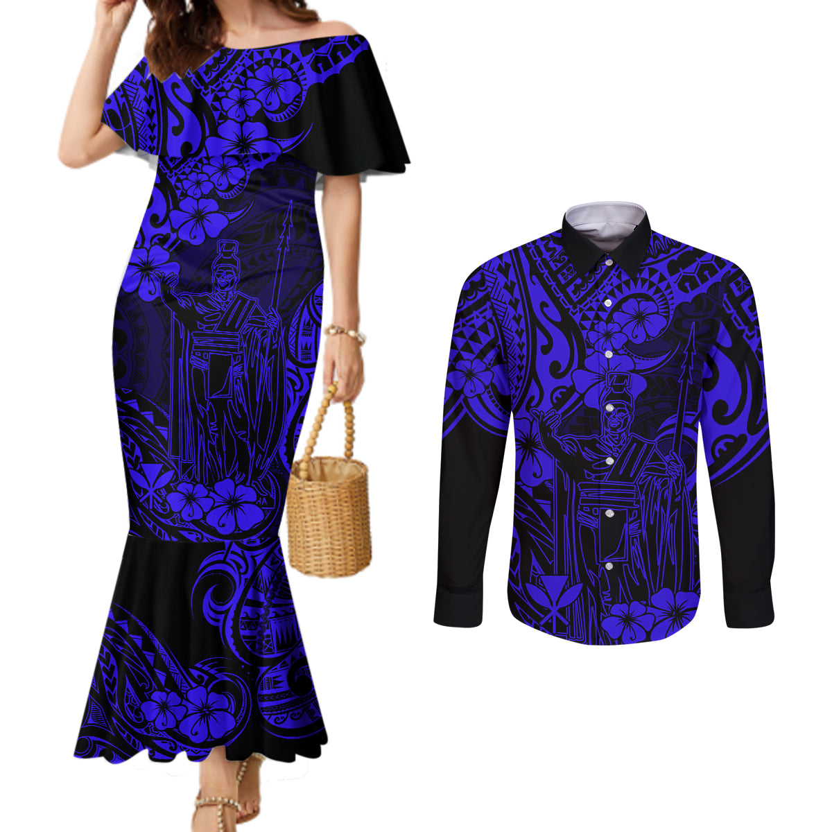 Hawaii King Kamehameha Couples Matching Mermaid Dress and Long Sleeve Button Shirts Polynesian Pattern Navy Blue Version LT01 Blue - Polynesian Pride