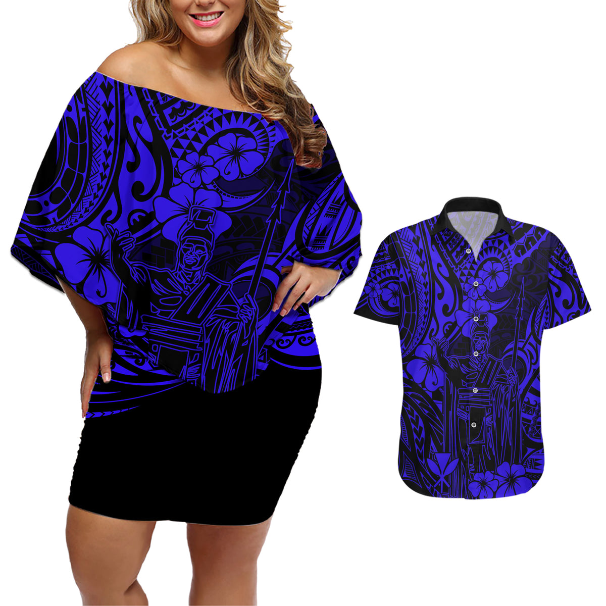 Hawaii King Kamehameha Couples Matching Off Shoulder Short Dress and Hawaiian Shirt Polynesian Pattern Navy Blue Version LT01 Blue - Polynesian Pride