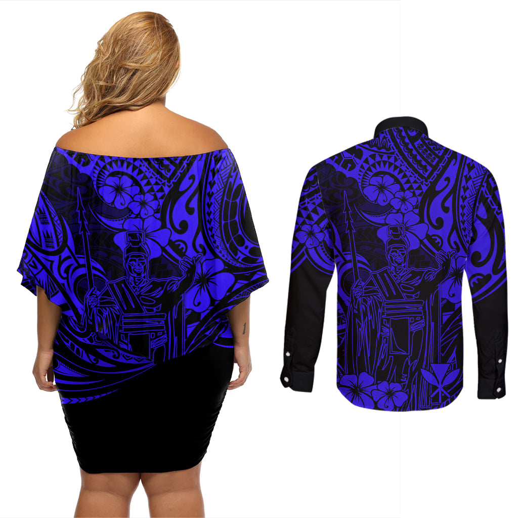 Hawaii King Kamehameha Couples Matching Off Shoulder Short Dress and Long Sleeve Button Shirts Polynesian Pattern Navy Blue Version LT01 - Polynesian Pride