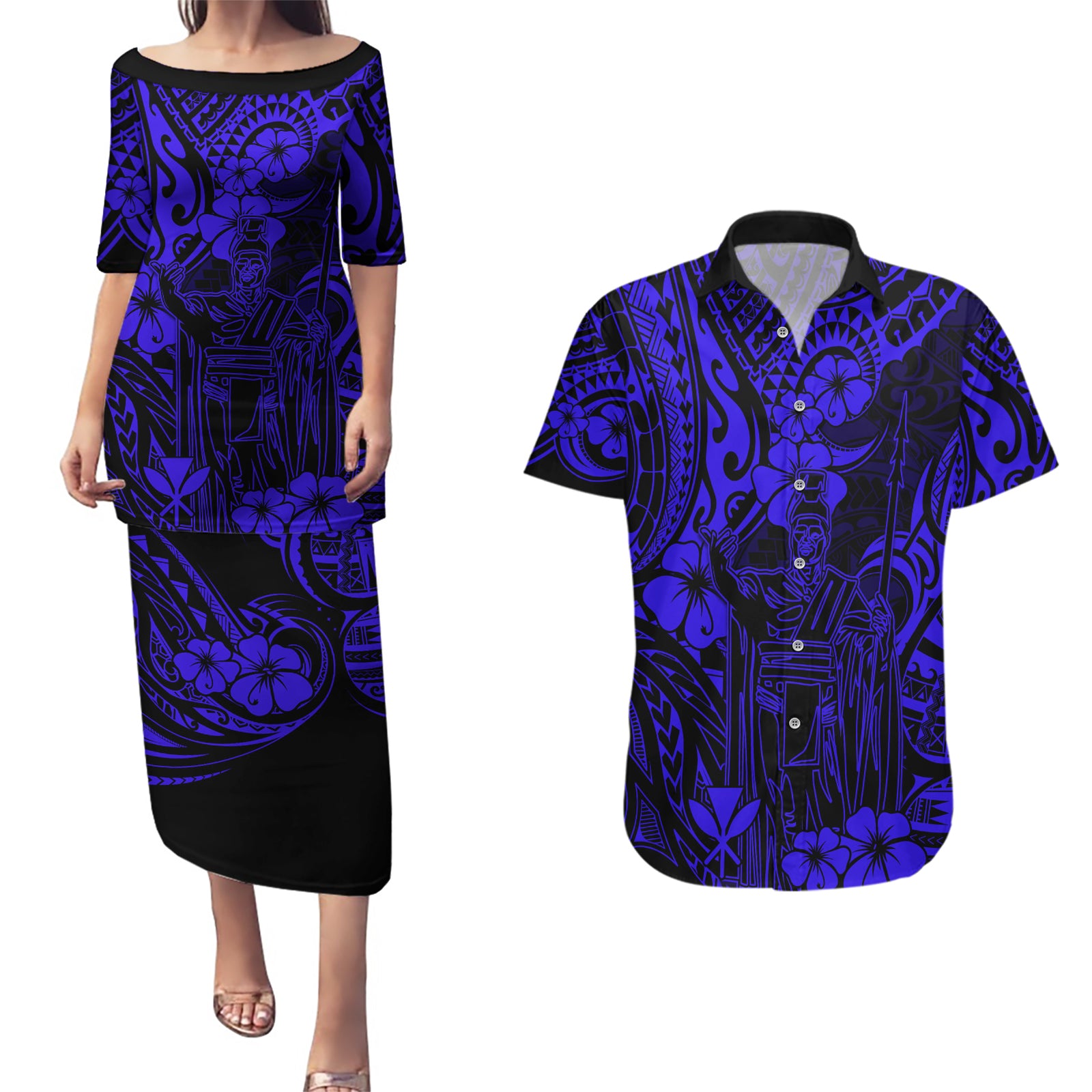 Hawaii King Kamehameha Couples Matching Puletasi Dress and Hawaiian Shirt Polynesian Pattern Navy Blue Version LT01 Blue - Polynesian Pride