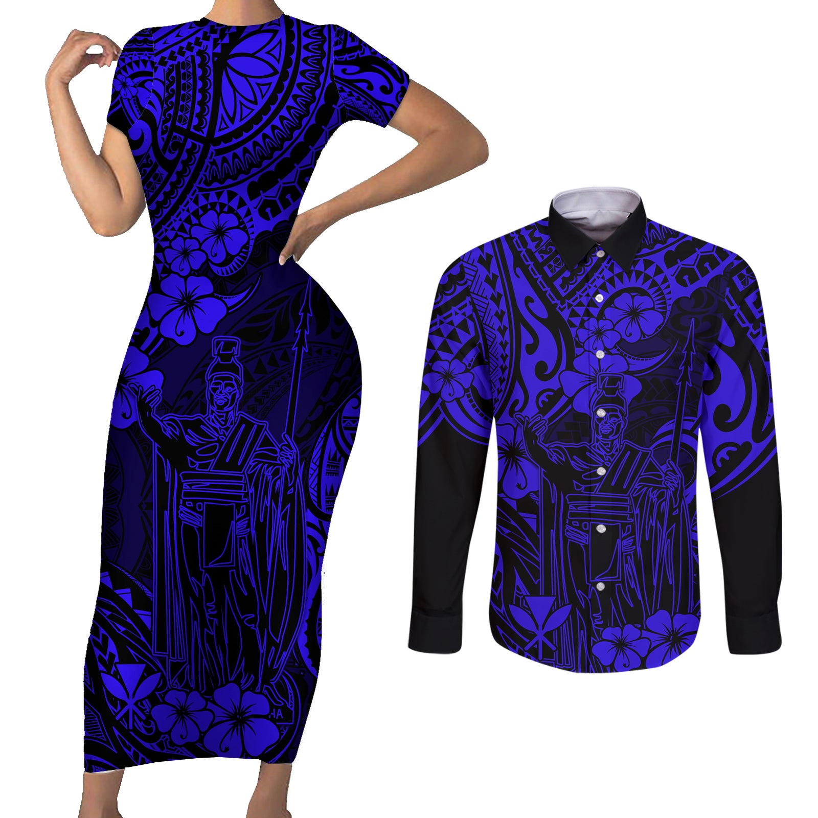 Hawaii King Kamehameha Couples Matching Short Sleeve Bodycon Dress and Long Sleeve Button Shirts Polynesian Pattern Navy Blue Version LT01 Blue - Polynesian Pride