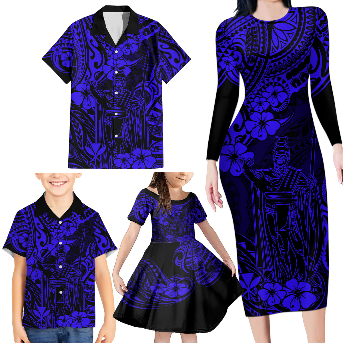 Hawaii King Kamehameha Family Matching Long Sleeve Bodycon Dress and Hawaiian Shirt Polynesian Pattern Navy Blue Version LT01 - Polynesian Pride