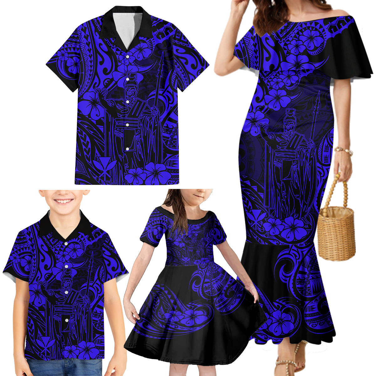 Hawaii King Kamehameha Family Matching Mermaid Dress and Hawaiian Shirt Polynesian Pattern Navy Blue Version LT01 - Polynesian Pride