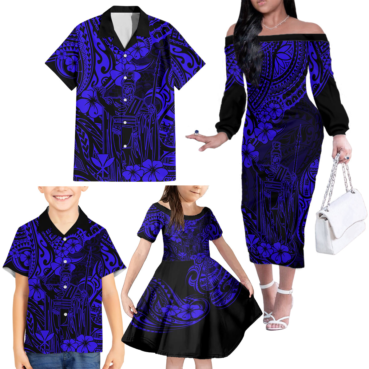 Hawaii King Kamehameha Family Matching Off Shoulder Long Sleeve Dress and Hawaiian Shirt Polynesian Pattern Navy Blue Version LT01 - Polynesian Pride