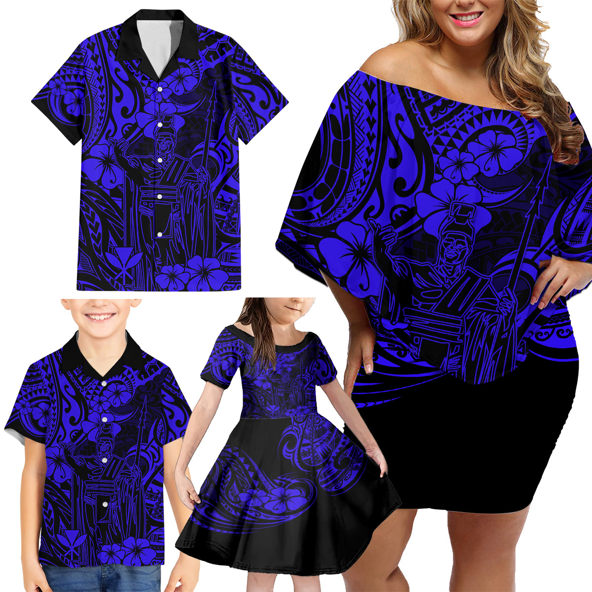 Hawaii King Kamehameha Family Matching Off Shoulder Short Dress and Hawaiian Shirt Polynesian Pattern Navy Blue Version LT01 - Polynesian Pride