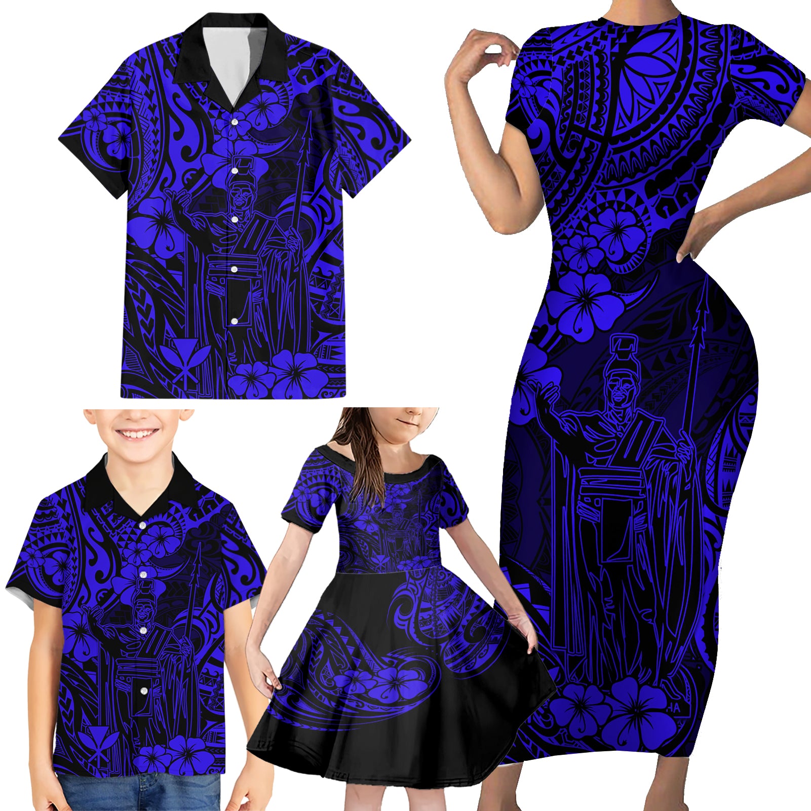 Hawaii King Kamehameha Family Matching Short Sleeve Bodycon Dress and Hawaiian Shirt Polynesian Pattern Navy Blue Version LT01 - Polynesian Pride