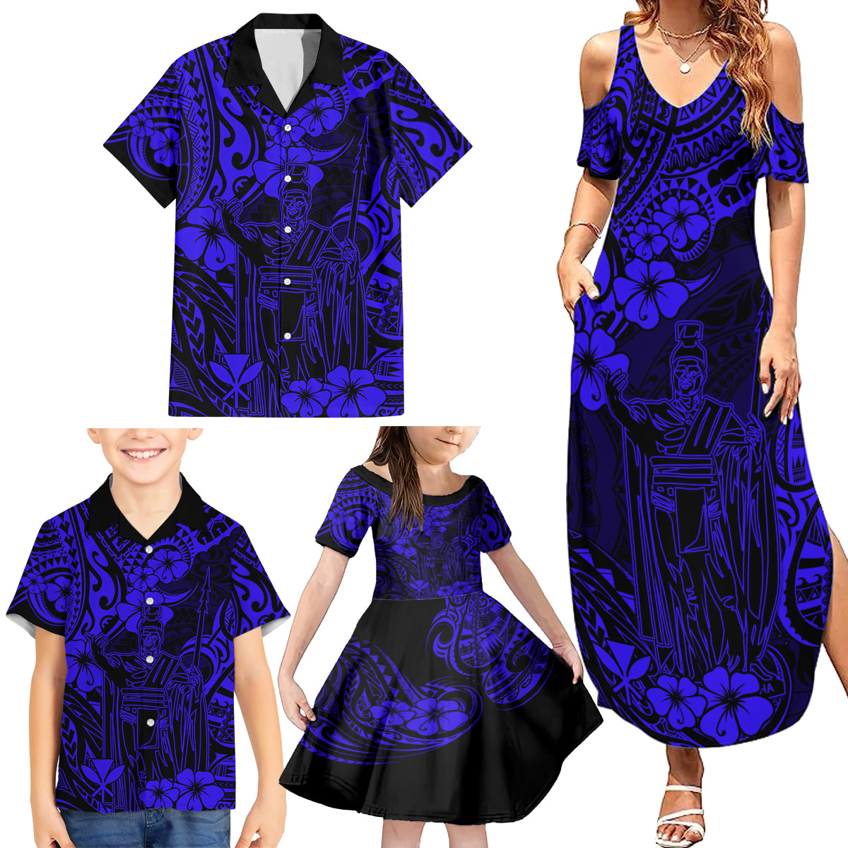 Hawaii King Kamehameha Family Matching Summer Maxi Dress and Hawaiian Shirt Polynesian Pattern Navy Blue Version LT01 - Polynesian Pride