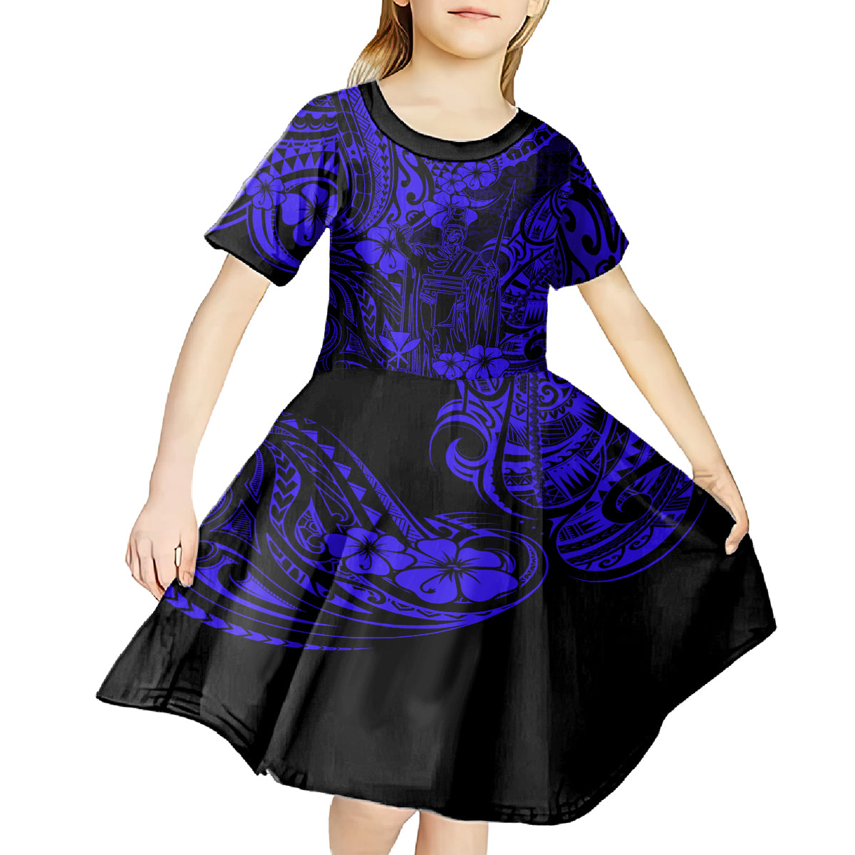 Hawaii King Kamehameha Kid Short Sleeve Dress Polynesian Pattern Navy Blue Version LT01 - Polynesian Pride