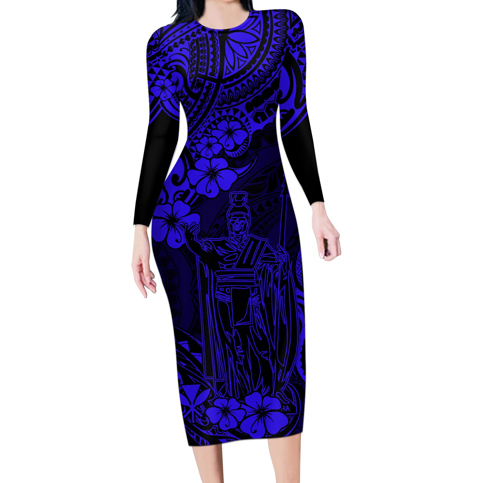 Hawaii King Kamehameha Long Sleeve Bodycon Dress Polynesian Pattern Navy Blue Version LT01 Long Dress Blue - Polynesian Pride