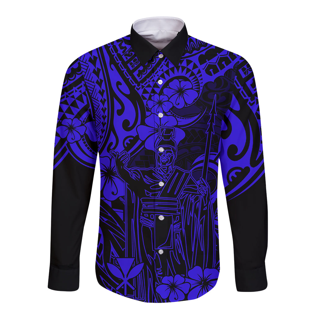 Hawaii King Kamehameha Long Sleeve Button Shirt Polynesian Pattern Navy Blue Version LT01 Unisex Blue - Polynesian Pride