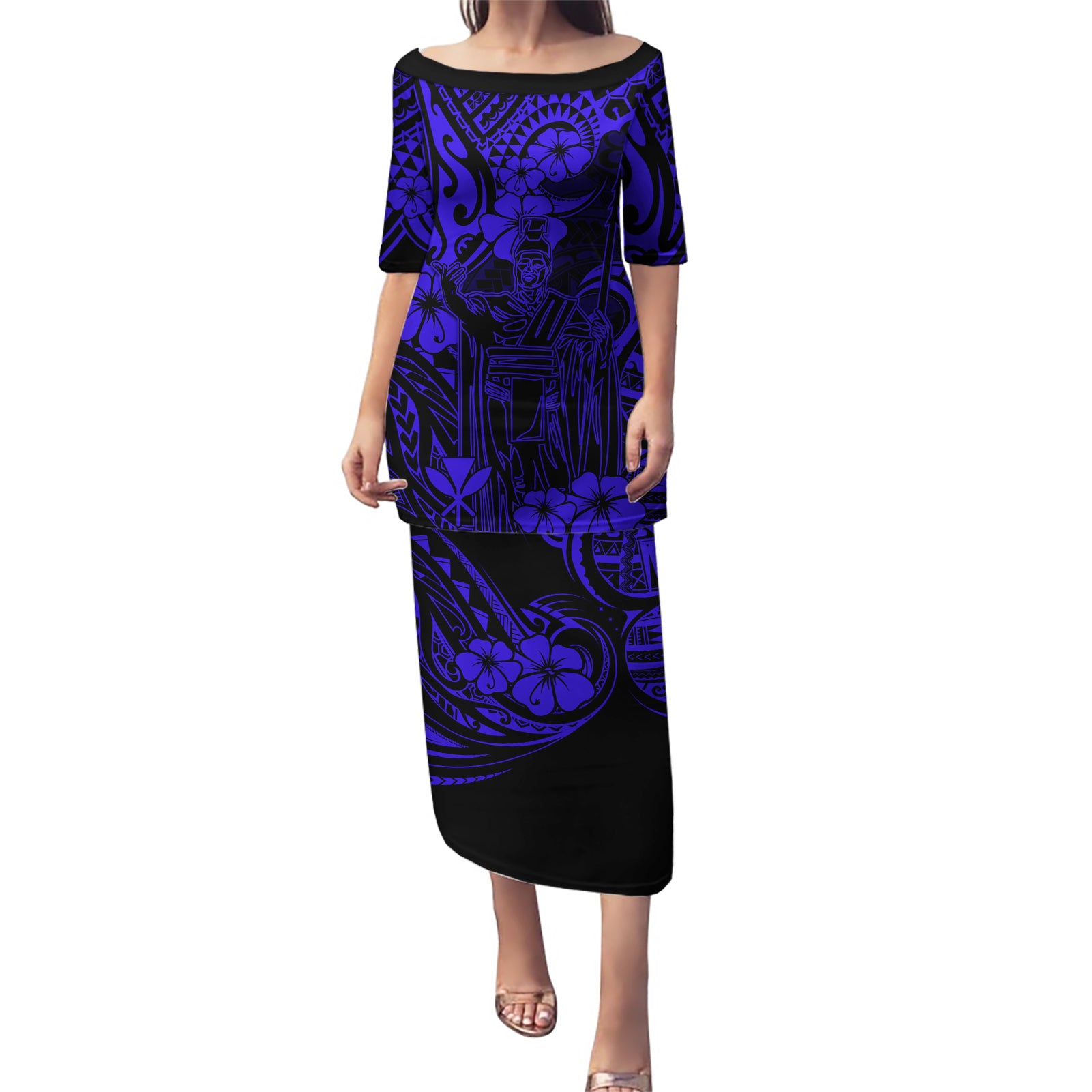 Hawaii King Kamehameha Puletasi Polynesian Pattern Navy Blue Version LT01 Long Dress Blue - Polynesian Pride