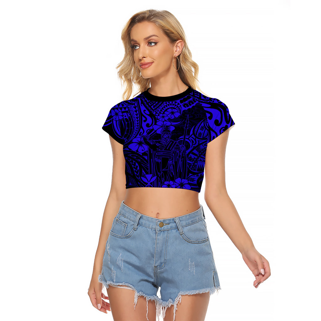 Hawaii King Kamehameha Raglan Cropped T Shirt Polynesian Pattern Navy Blue Version LT01 Female Blue - Polynesian Pride