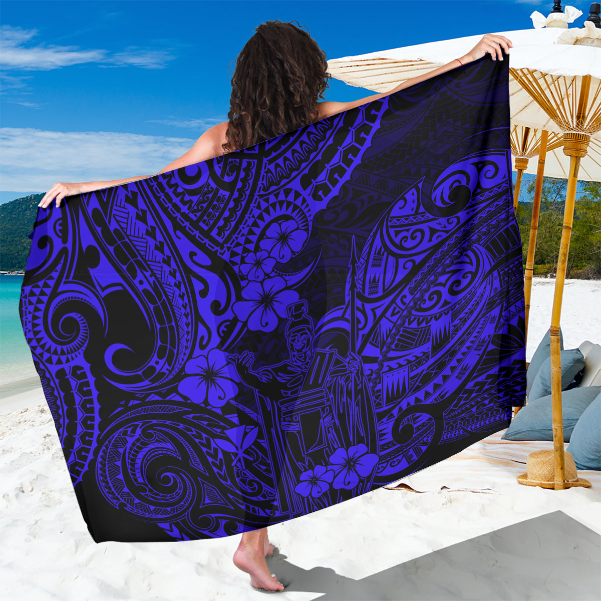 Hawaii King Kamehameha Sarong Polynesian Pattern Navy Blue Version LT01 One Size 44 x 66 inches Blue - Polynesian Pride