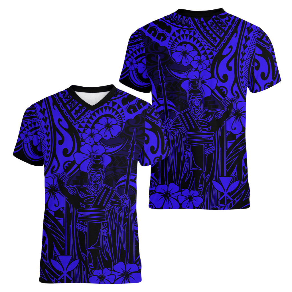 Hawaii King Kamehameha Women V Neck T Shirt Polynesian Pattern Navy Blue Version LT01 - Polynesian Pride