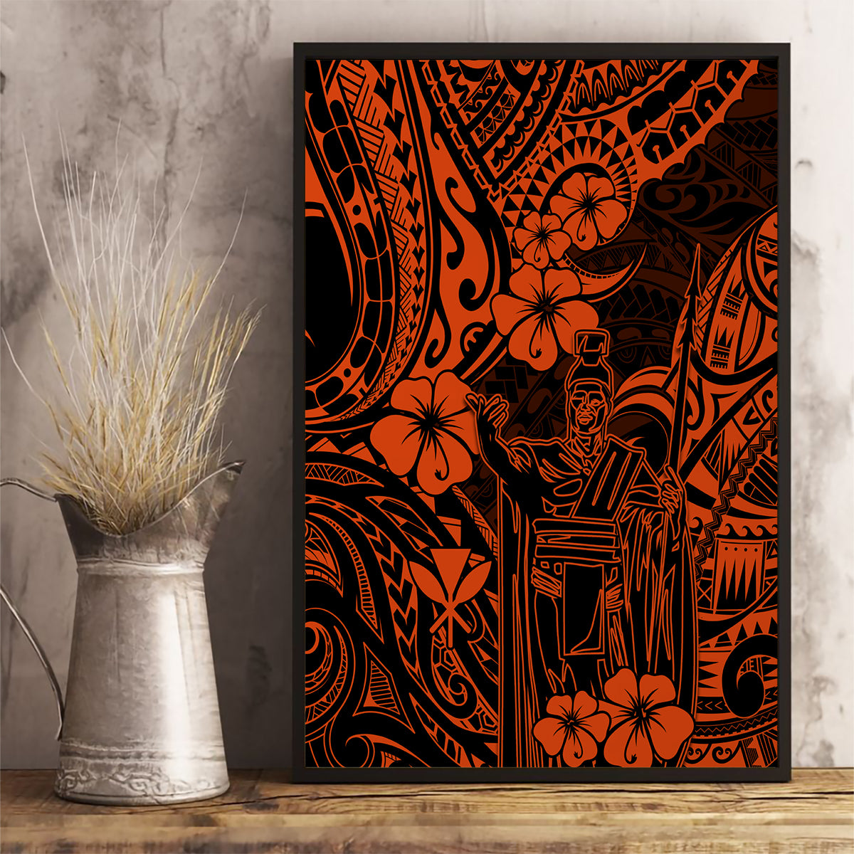 Hawaii King Kamehameha Canvas Wall Art Polynesian Pattern Orange Version LT01 - Polynesian Pride