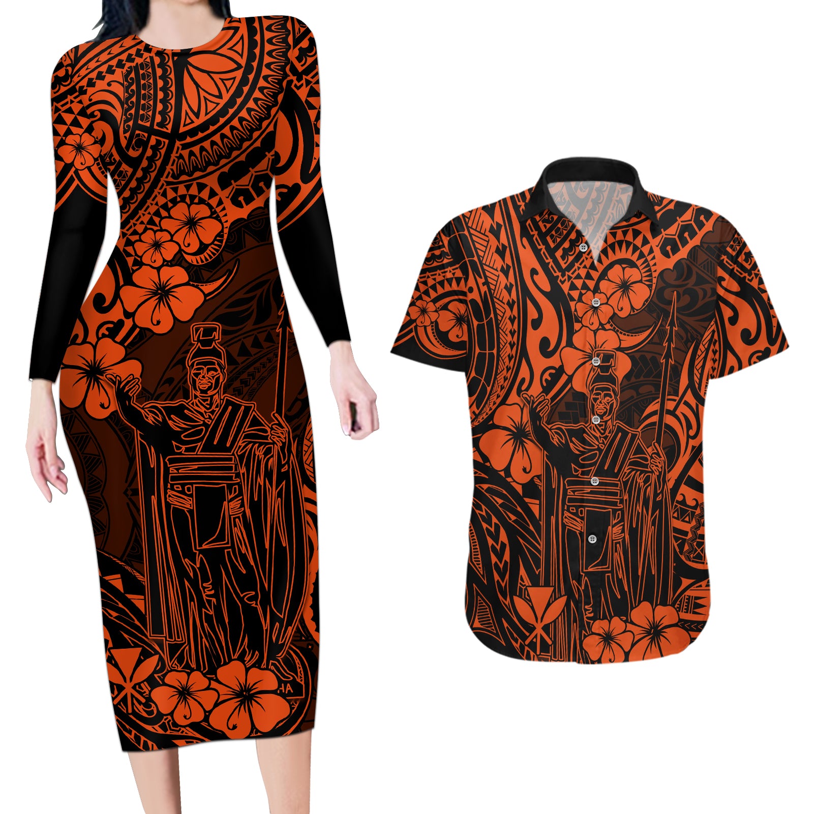 Hawaii King Kamehameha Couples Matching Long Sleeve Bodycon Dress and Hawaiian Shirt Polynesian Pattern Orange Version LT01 Orange - Polynesian Pride