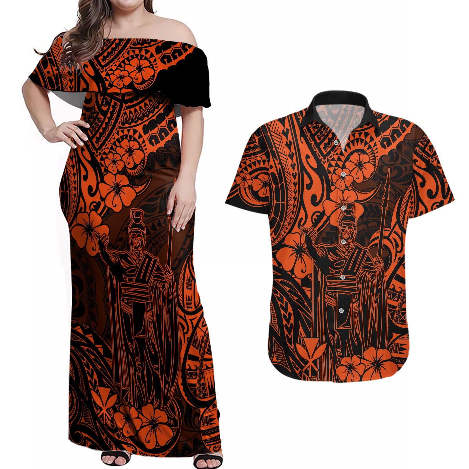 Hawaii King Kamehameha Couples Matching Off Shoulder Maxi Dress and Hawaiian Shirt Polynesian Pattern Orange Version LT01 Orange - Polynesian Pride