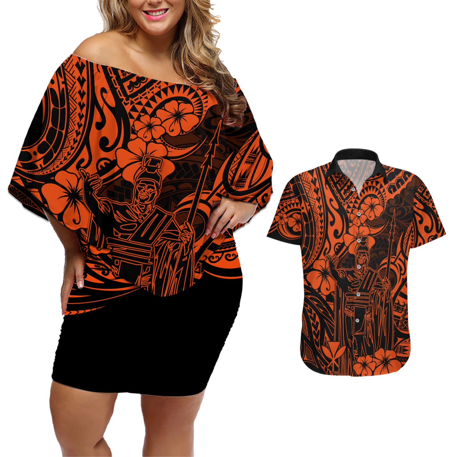 Hawaii King Kamehameha Couples Matching Off Shoulder Short Dress and Hawaiian Shirt Polynesian Pattern Orange Version LT01 Orange - Polynesian Pride