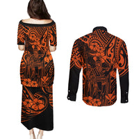 Hawaii King Kamehameha Couples Matching Puletasi Dress and Long Sleeve Button Shirts Polynesian Pattern Orange Version LT01 - Polynesian Pride