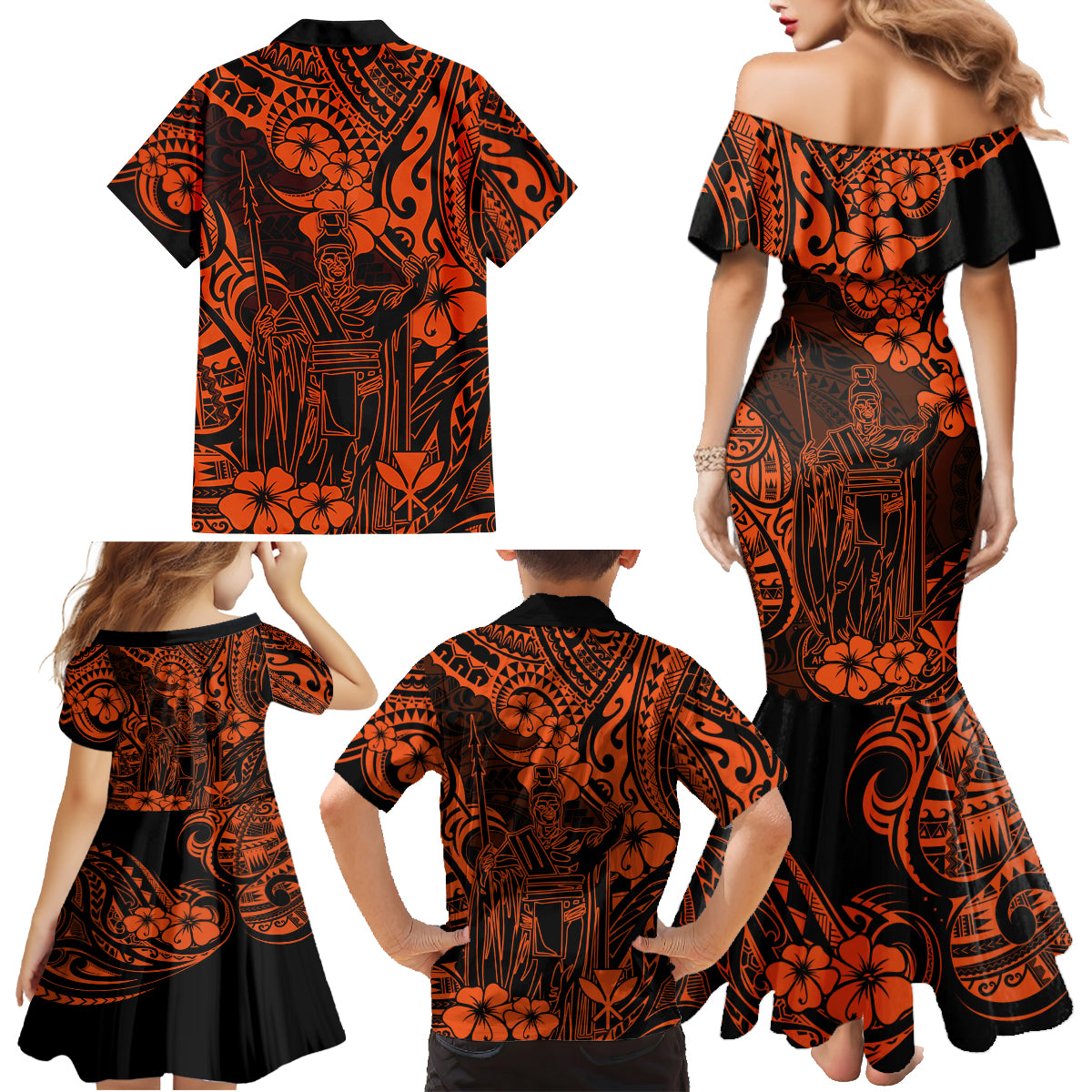 Hawaii King Kamehameha Family Matching Mermaid Dress and Hawaiian Shirt Polynesian Pattern Orange Version LT01 - Polynesian Pride