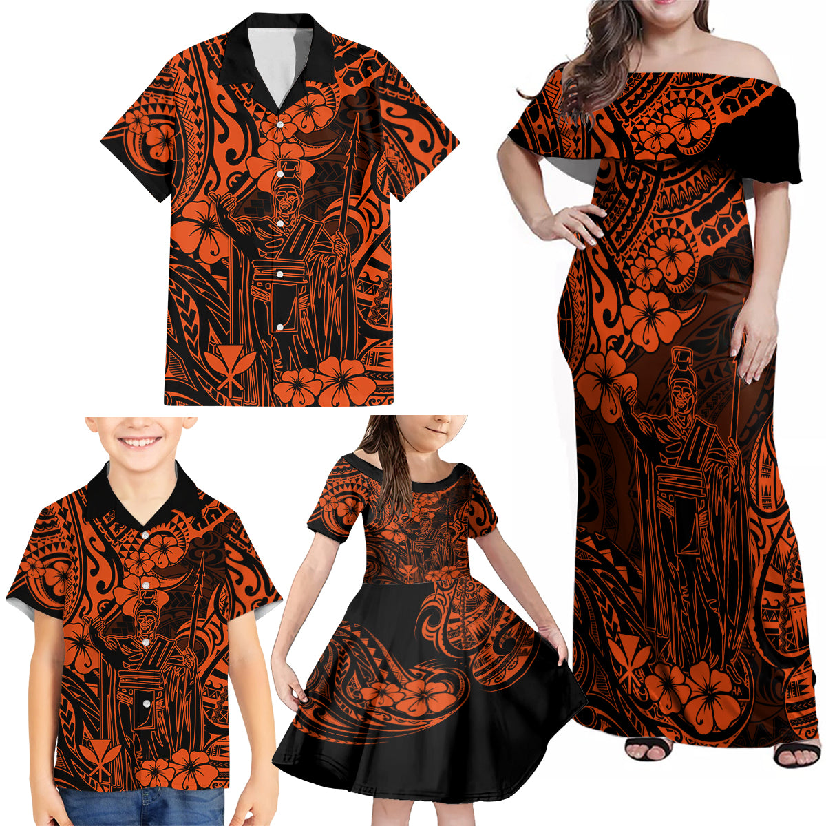 Hawaii King Kamehameha Family Matching Off Shoulder Maxi Dress and Hawaiian Shirt Polynesian Pattern Orange Version LT01 - Polynesian Pride