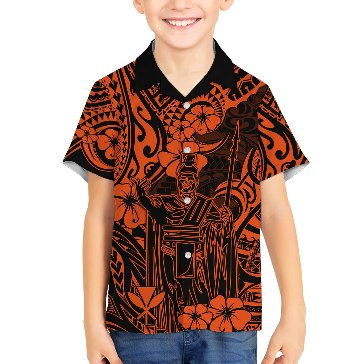 Hawaii King Kamehameha Family Matching Summer Maxi Dress and Hawaiian Shirt Polynesian Pattern Orange Version LT01 Son's Shirt Orange - Polynesian Pride