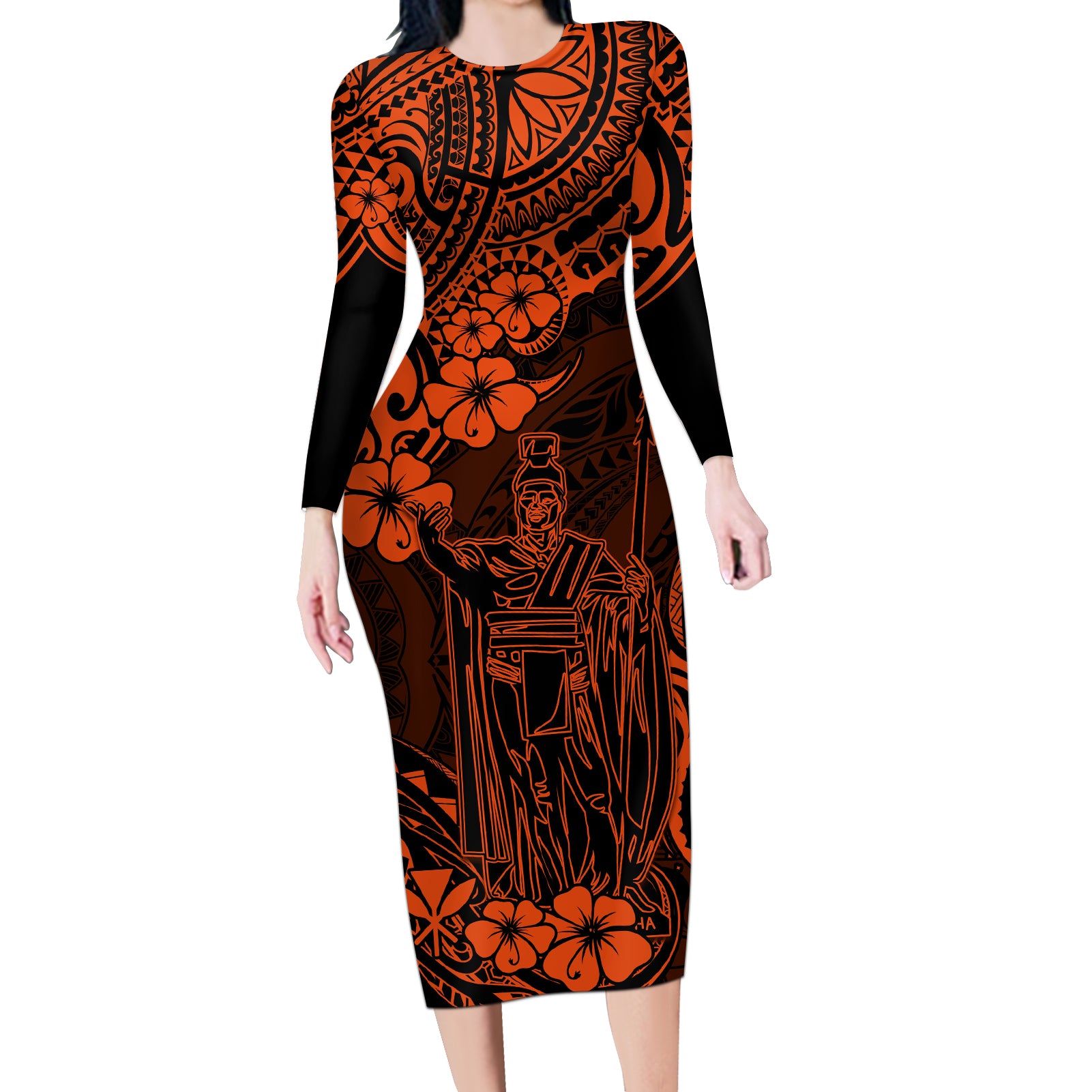 Hawaii King Kamehameha Long Sleeve Bodycon Dress Polynesian Pattern Orange Version LT01 Long Dress Orange - Polynesian Pride