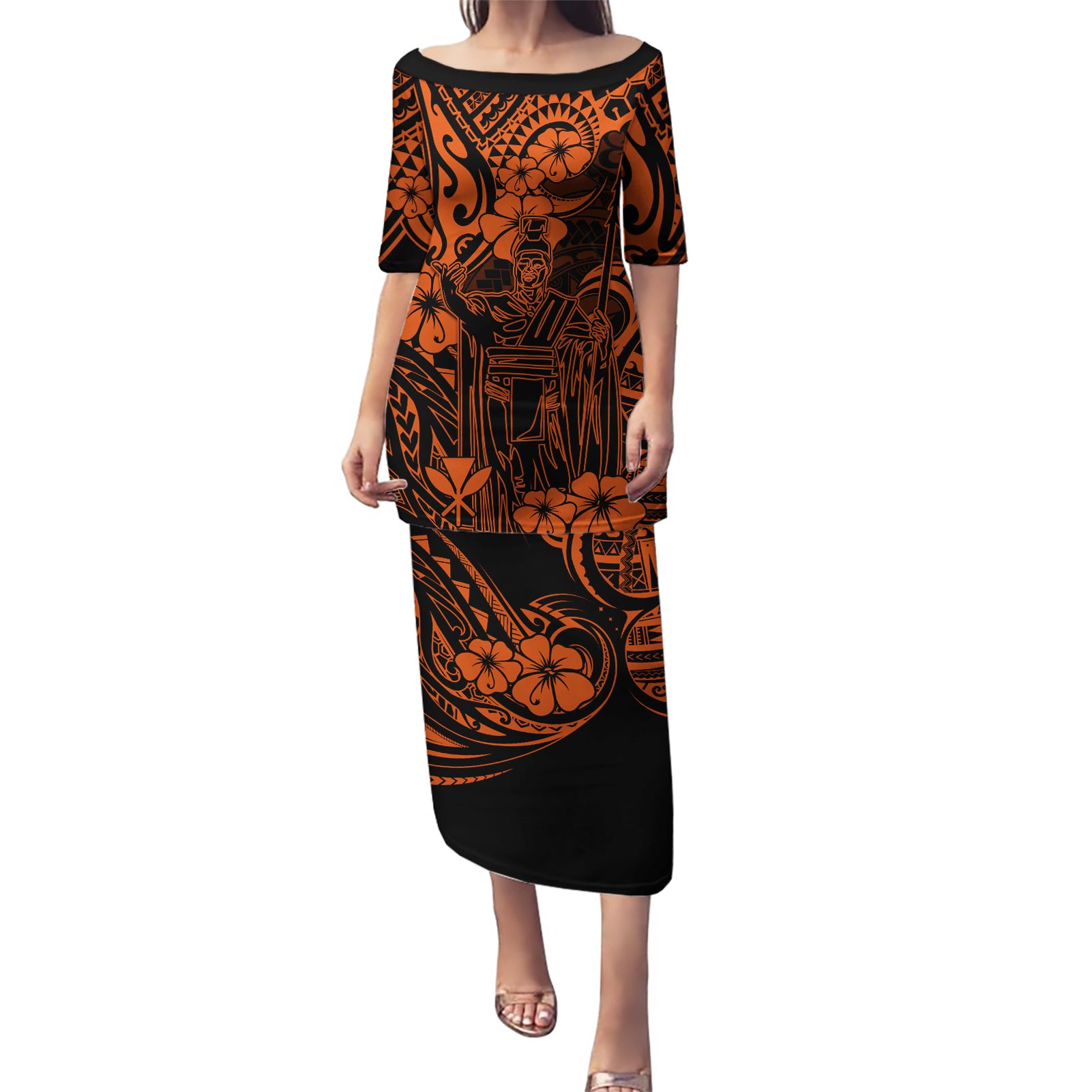 Hawaii King Kamehameha Puletasi Polynesian Pattern Orange Version LT01 Long Dress Orange - Polynesian Pride