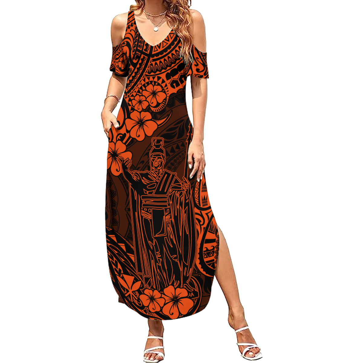 Hawaii King Kamehameha Summer Maxi Dress Polynesian Pattern Orange Version LT01 Women Orange - Polynesian Pride