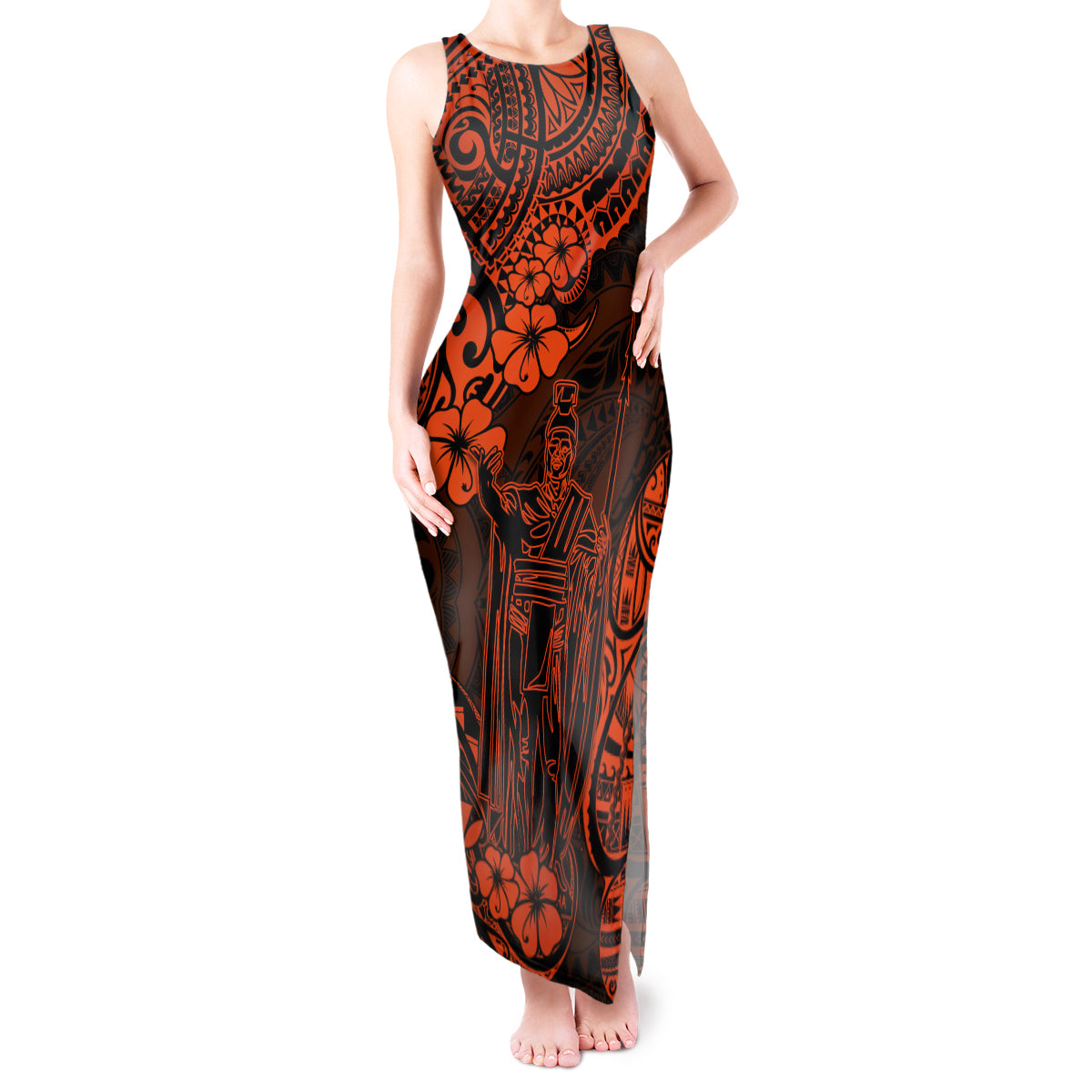 Hawaii King Kamehameha Tank Maxi Dress Polynesian Pattern Orange Version LT01 Women Orange - Polynesian Pride