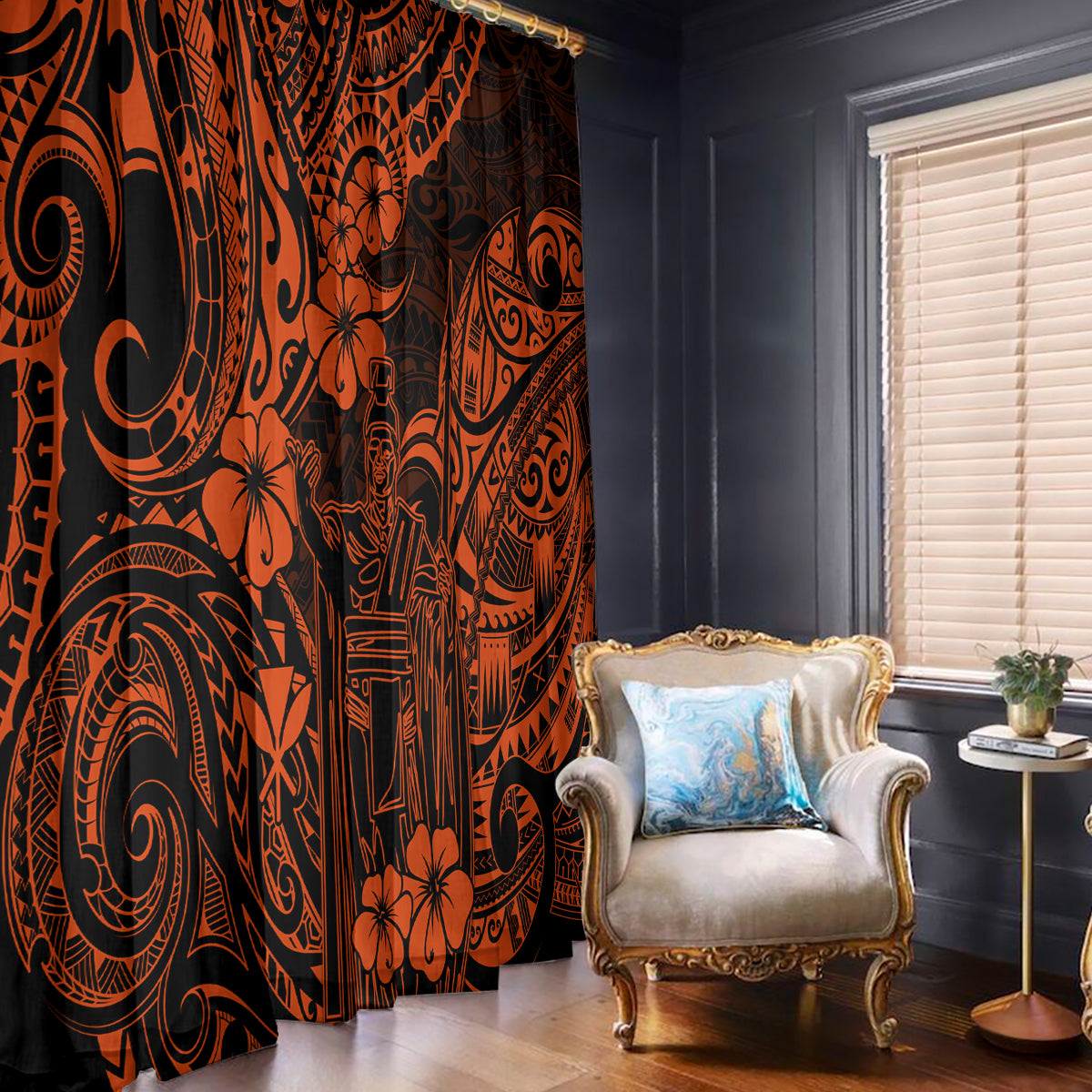 Hawaii King Kamehameha Window Curtain Polynesian Pattern Orange Version LT01 Orange - Polynesian Pride
