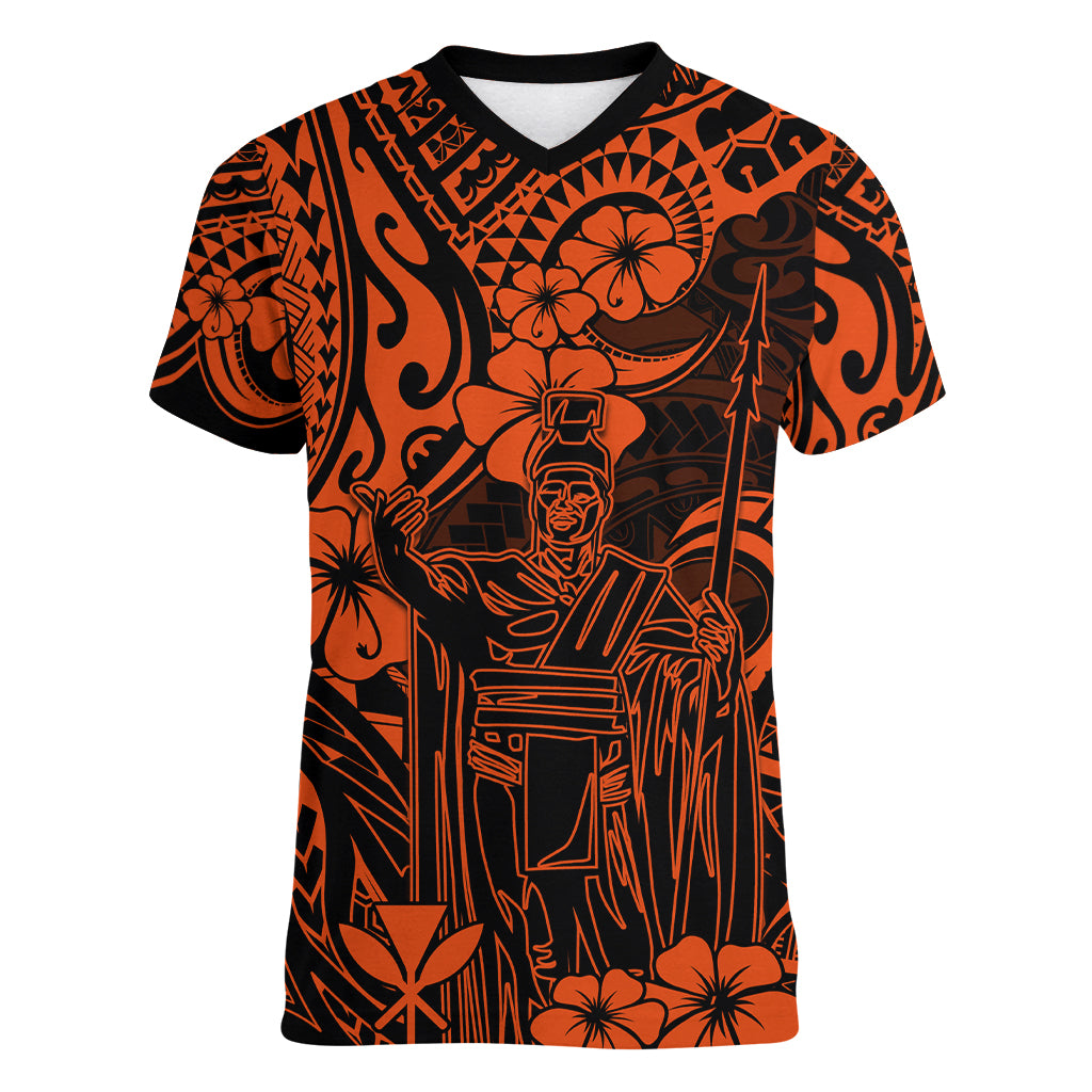 Hawaii King Kamehameha Women V Neck T Shirt Polynesian Pattern Orange Version LT01 Female Orange - Polynesian Pride