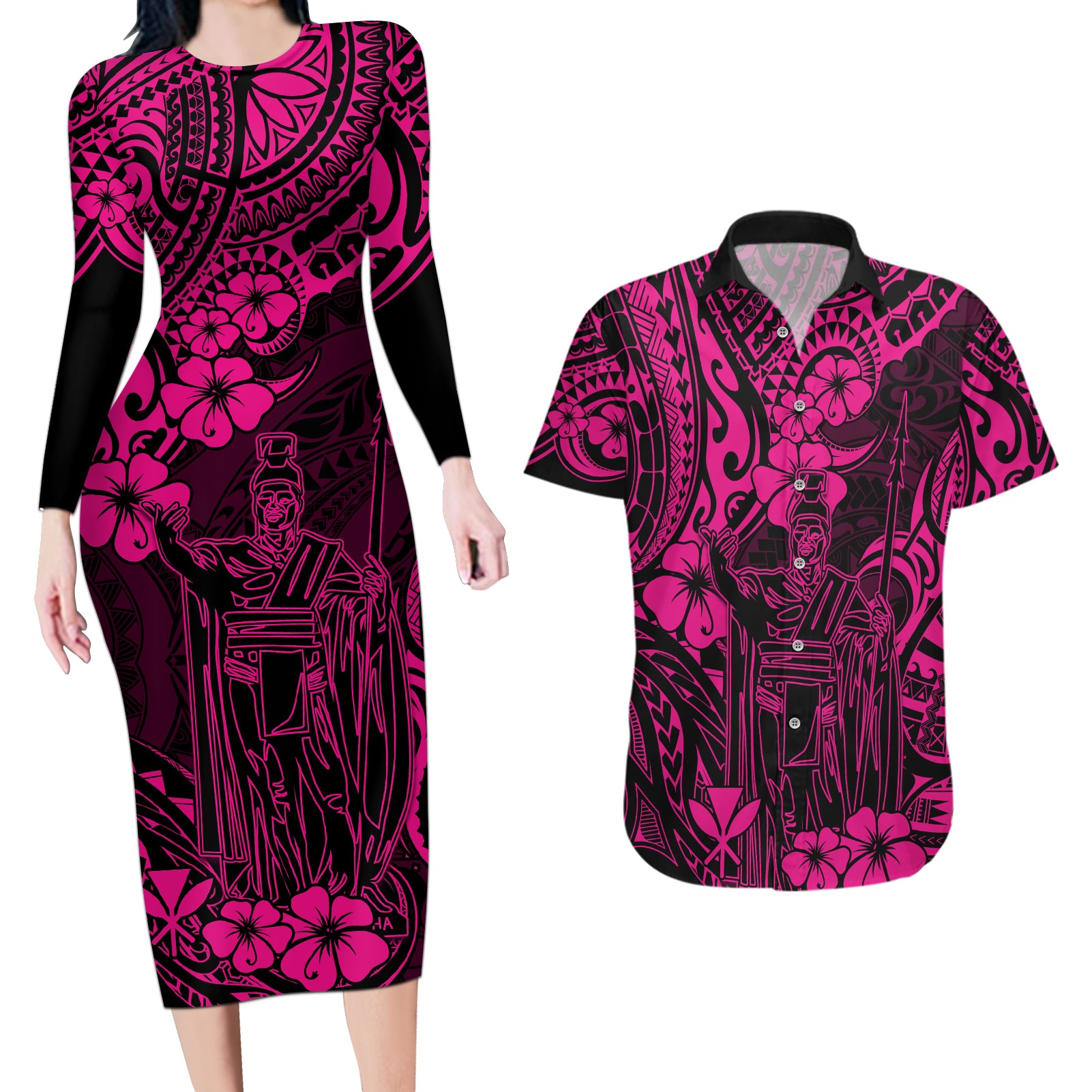 Hawaii King Kamehameha Couples Matching Long Sleeve Bodycon Dress and Hawaiian Shirt Polynesian Pattern Pink Version LT01 Pink - Polynesian Pride