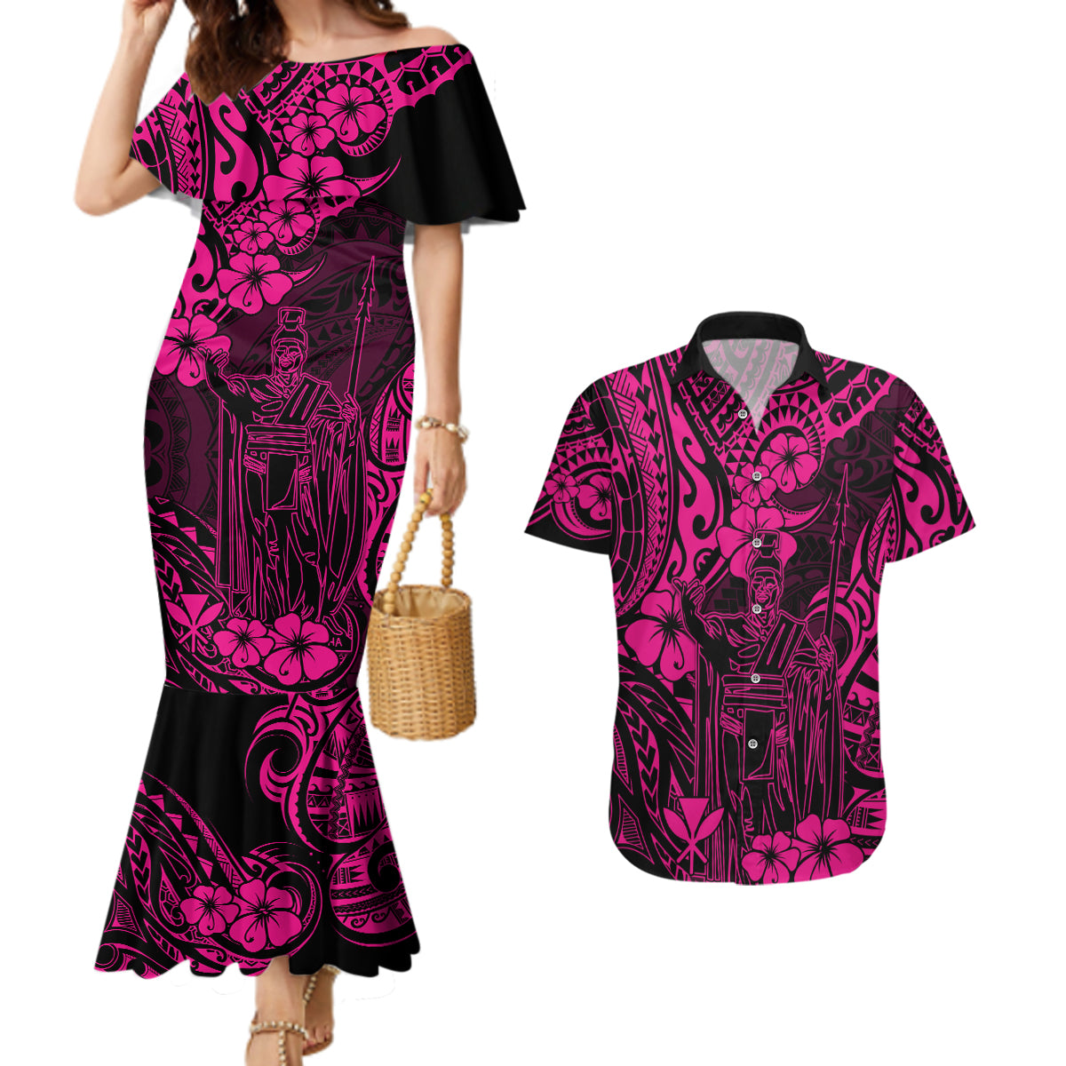 Hawaii King Kamehameha Couples Matching Mermaid Dress and Hawaiian Shirt Polynesian Pattern Pink Version LT01 Pink - Polynesian Pride