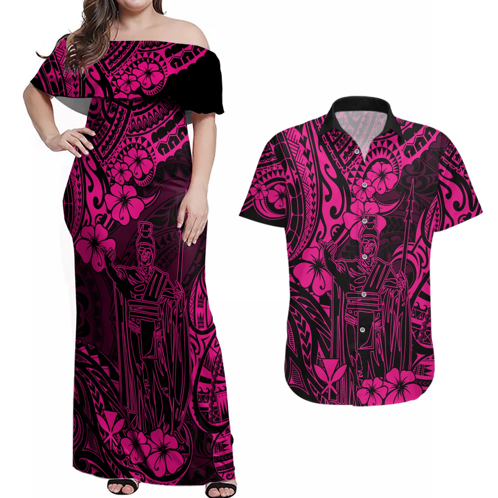 Hawaii King Kamehameha Couples Matching Off Shoulder Maxi Dress and Hawaiian Shirt Polynesian Pattern Pink Version LT01 Pink - Polynesian Pride