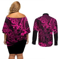 Hawaii King Kamehameha Couples Matching Off Shoulder Short Dress and Long Sleeve Button Shirts Polynesian Pattern Pink Version LT01 - Polynesian Pride