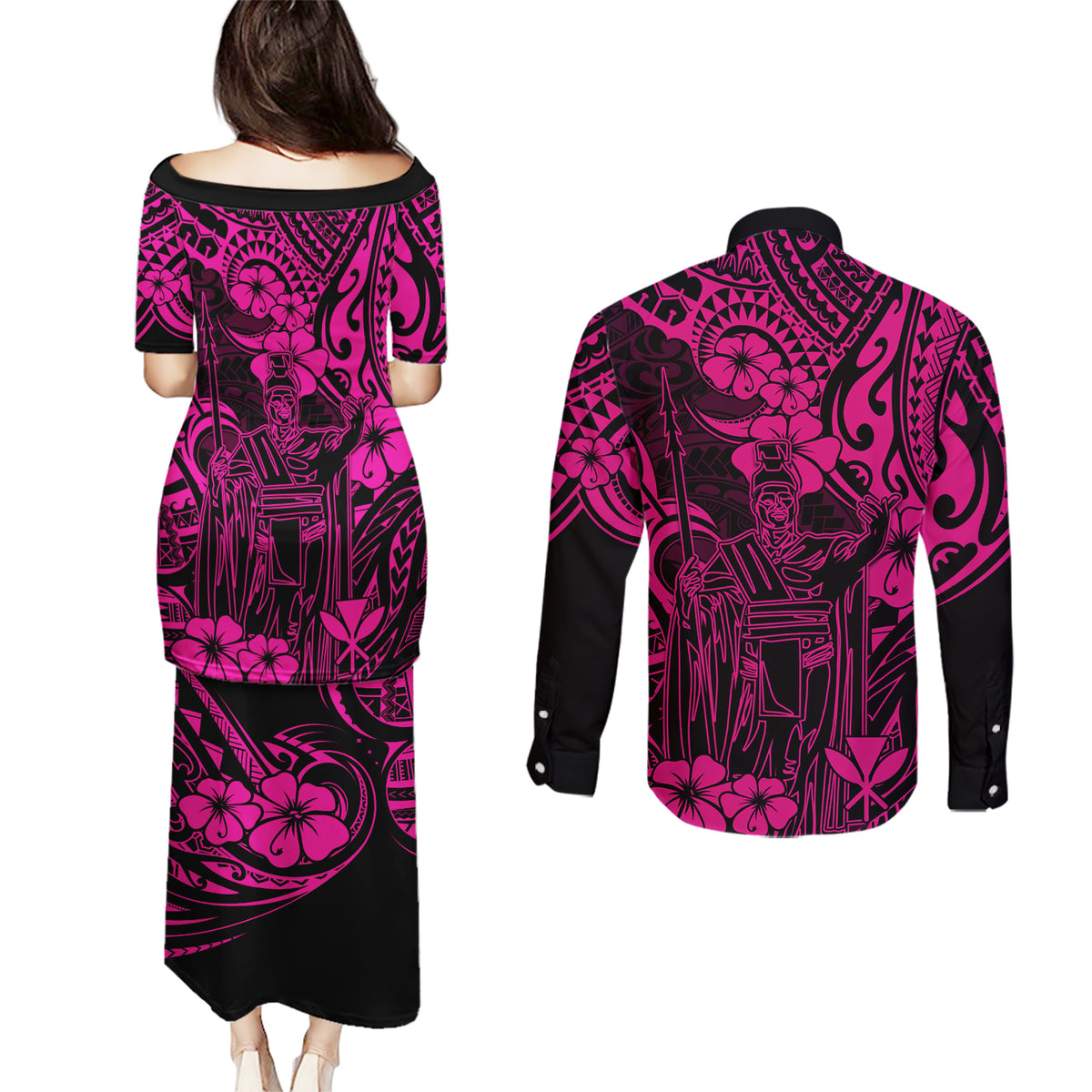 Hawaii King Kamehameha Couples Matching Puletasi Dress and Long Sleeve Button Shirts Polynesian Pattern Pink Version LT01 - Polynesian Pride