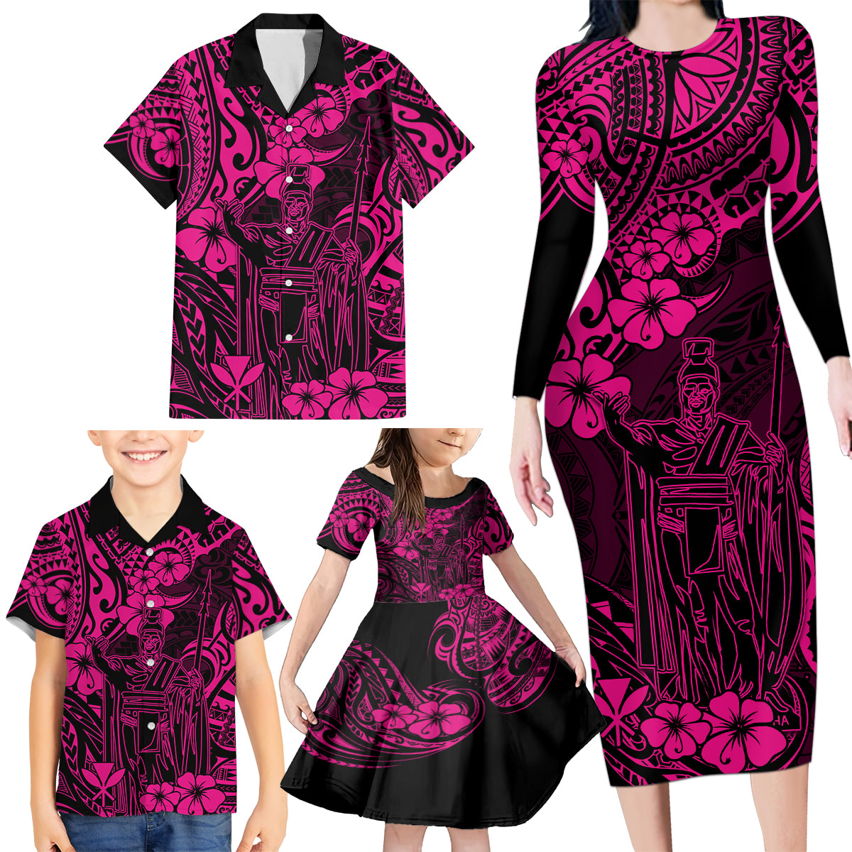 Hawaii King Kamehameha Family Matching Long Sleeve Bodycon Dress and Hawaiian Shirt Polynesian Pattern Pink Version LT01 - Polynesian Pride