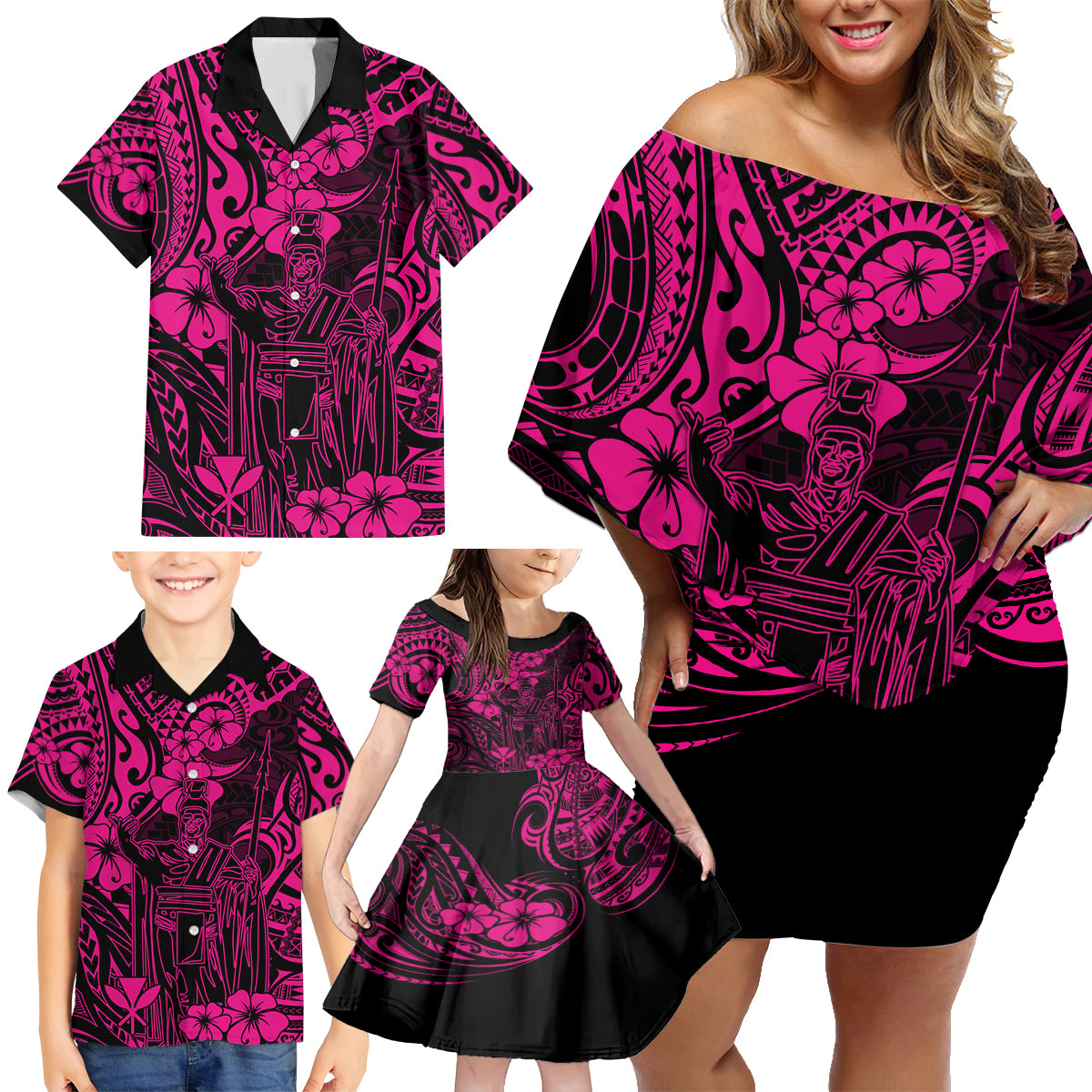 Hawaii King Kamehameha Family Matching Off Shoulder Short Dress and Hawaiian Shirt Polynesian Pattern Pink Version LT01 - Polynesian Pride