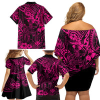 Hawaii King Kamehameha Family Matching Off Shoulder Short Dress and Hawaiian Shirt Polynesian Pattern Pink Version LT01 - Polynesian Pride