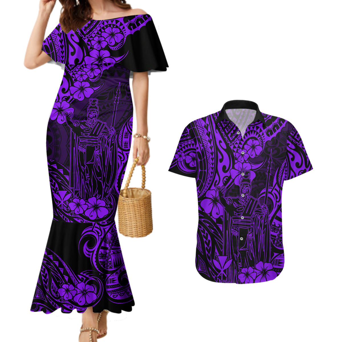 Hawaii King Kamehameha Couples Matching Mermaid Dress and Hawaiian Shirt Polynesian Pattern Purple Version LT01 Purple - Polynesian Pride