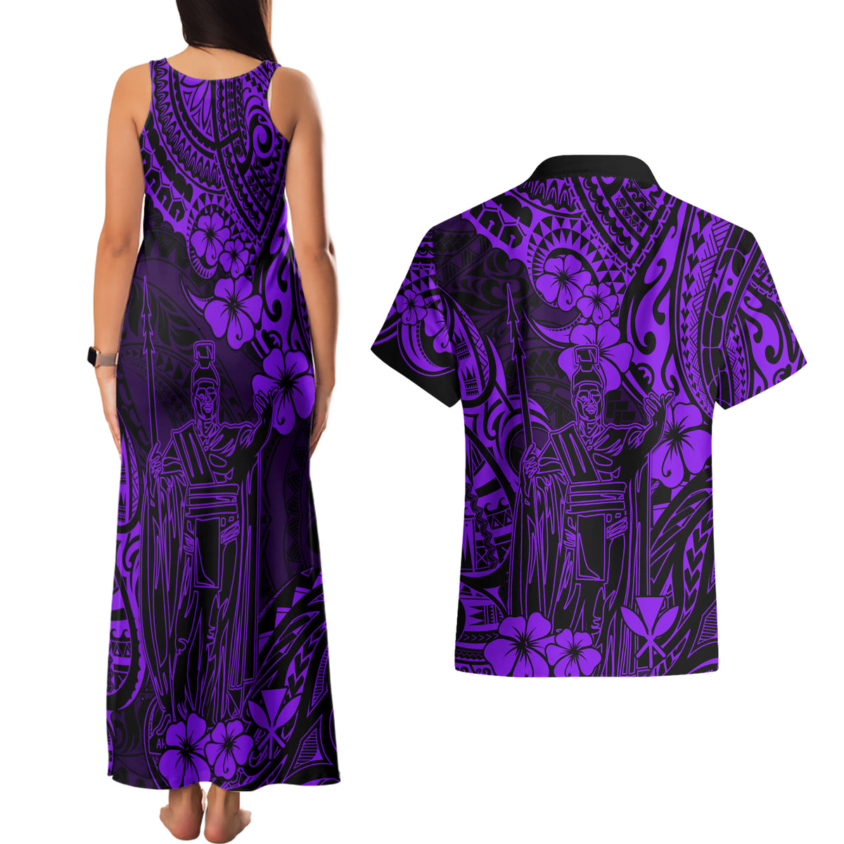 Hawaii King Kamehameha Couples Matching Tank Maxi Dress and Hawaiian Shirt Polynesian Pattern Purple Version LT01 - Polynesian Pride
