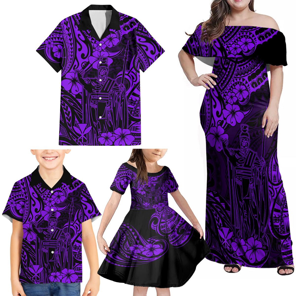 Hawaii King Kamehameha Family Matching Off Shoulder Maxi Dress and Hawaiian Shirt Polynesian Pattern Purple Version LT01 - Polynesian Pride