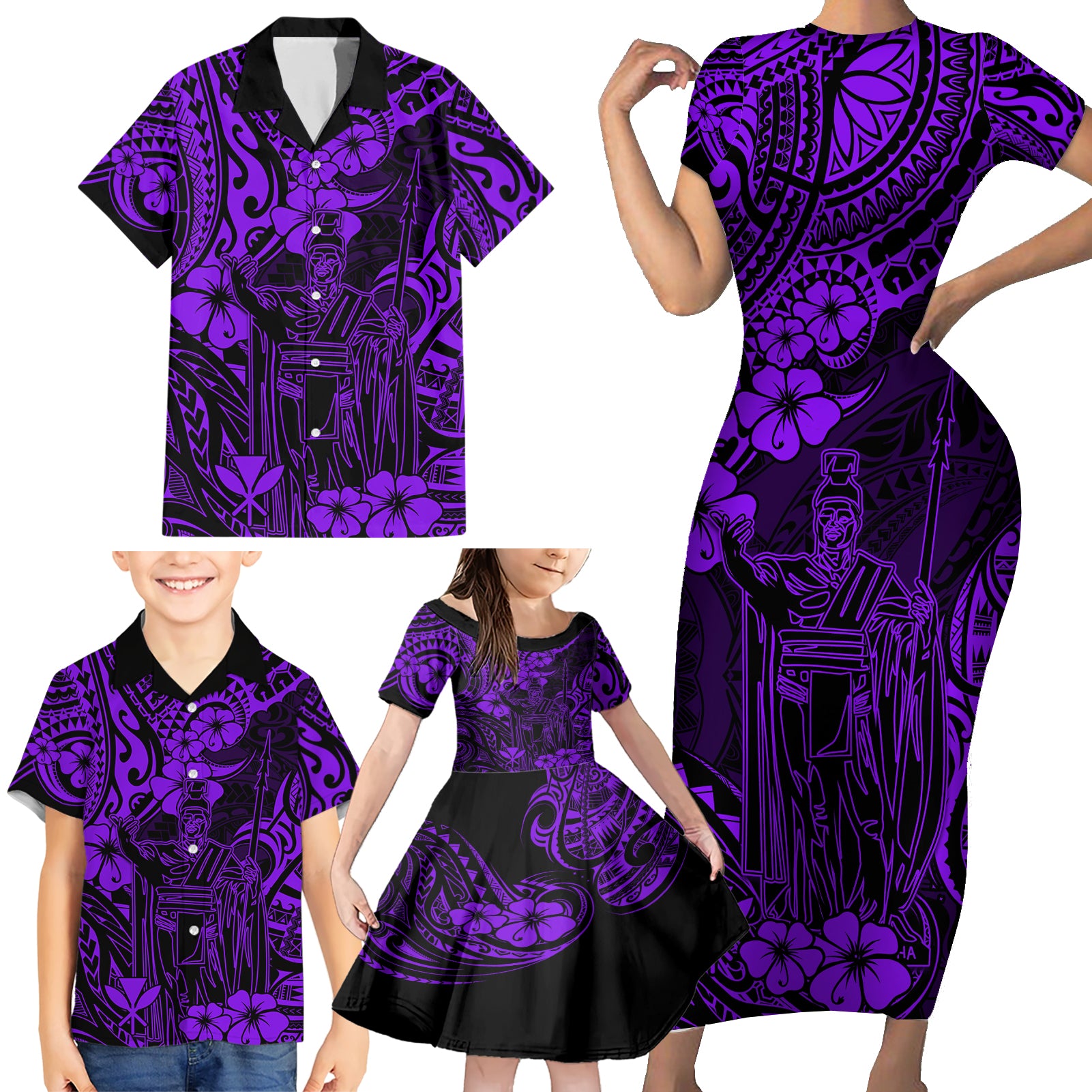 Hawaii King Kamehameha Family Matching Short Sleeve Bodycon Dress and Hawaiian Shirt Polynesian Pattern Purple Version LT01 - Polynesian Pride