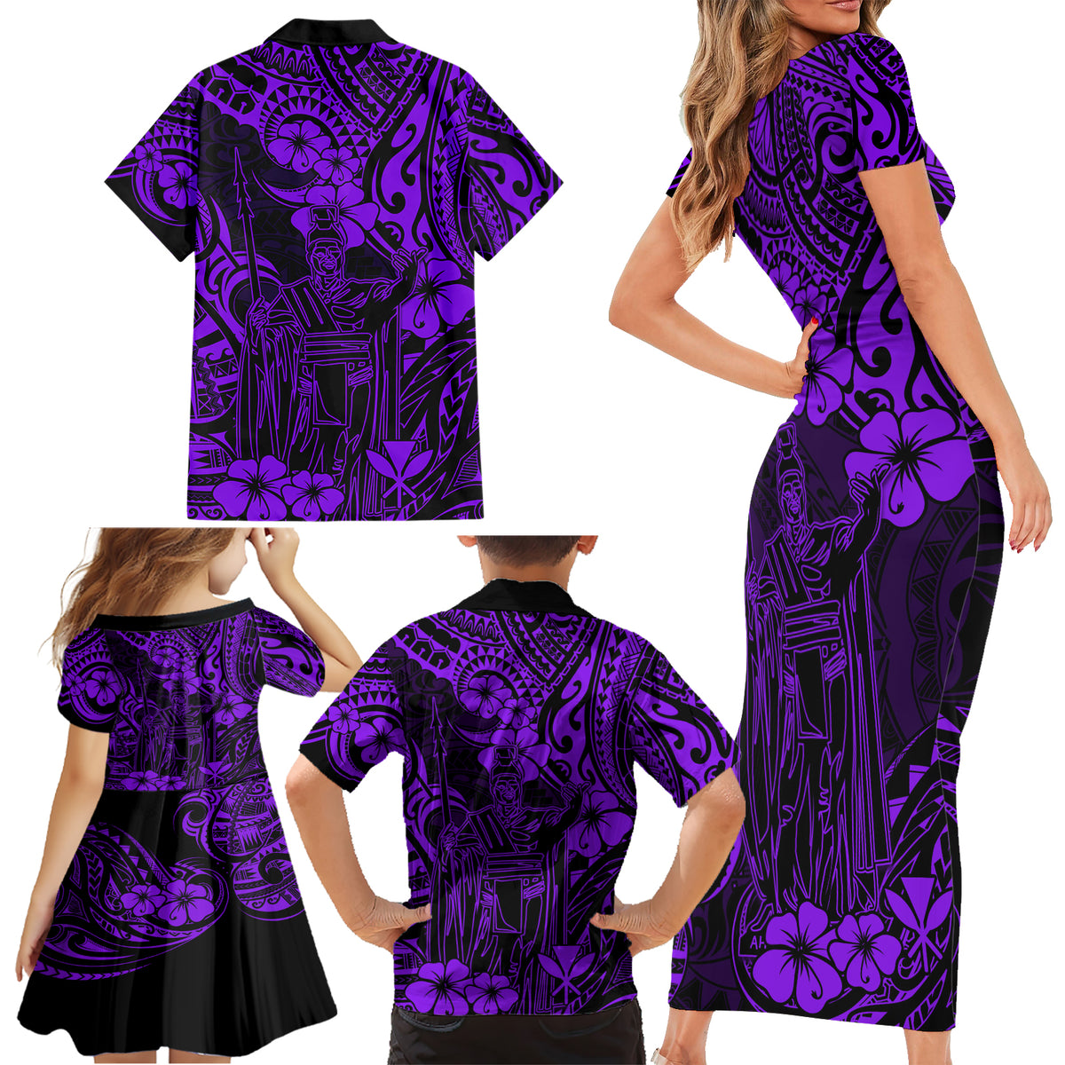 Hawaii King Kamehameha Family Matching Short Sleeve Bodycon Dress and Hawaiian Shirt Polynesian Pattern Purple Version LT01 - Polynesian Pride