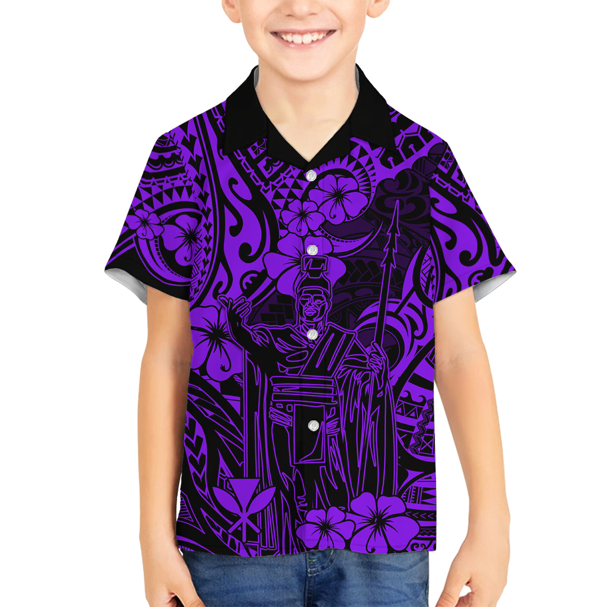 Hawaii King Kamehameha Family Matching Summer Maxi Dress and Hawaiian Shirt Polynesian Pattern Purple Version LT01 Son's Shirt Purple - Polynesian Pride