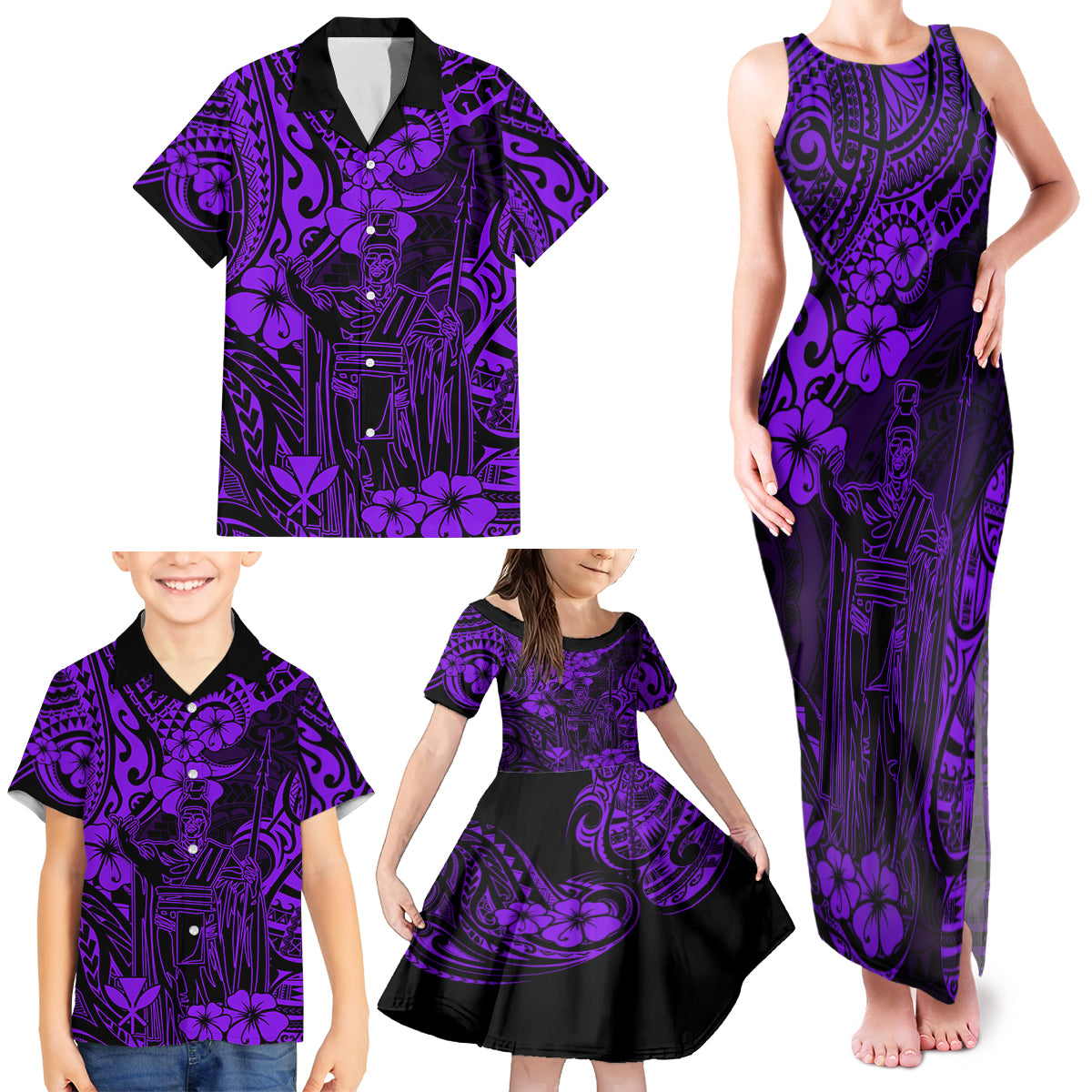 Hawaii King Kamehameha Family Matching Tank Maxi Dress and Hawaiian Shirt Polynesian Pattern Purple Version LT01 - Polynesian Pride