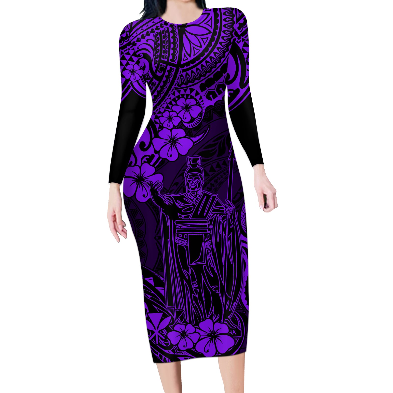 Hawaii King Kamehameha Long Sleeve Bodycon Dress Polynesian Pattern Purple Version LT01 Long Dress Purple - Polynesian Pride